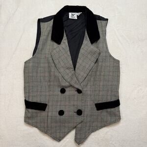 Vintage Plaid Vest 90s Preppy Women’s Large Made In USA Velvet Trim Buttons
